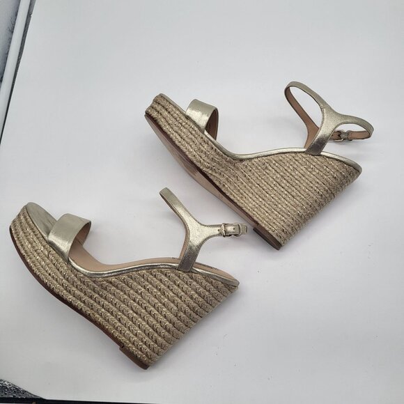 Badgley Mischka Womens SZ 10 Platform Straw Wedge Strappy Gold Metallic Sandals - Picture 6 of 13